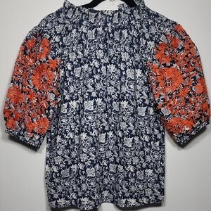 THML Navy and Orange Floral Blouse